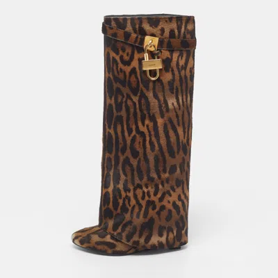 Pre-owned Givenchy Shark Lock Size 38 Brown/black Calf Hair Knee Length Wedge Boots