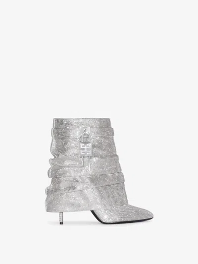 Givenchy Shark Lock Stiletto Ankle Boots In Satin With Strass In Silver
