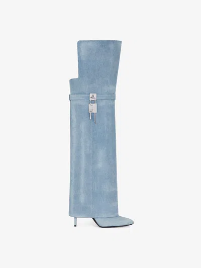 Givenchy Shark Lock Stiletto Over-the-knee Boots In Washed Denim In Medium Blue