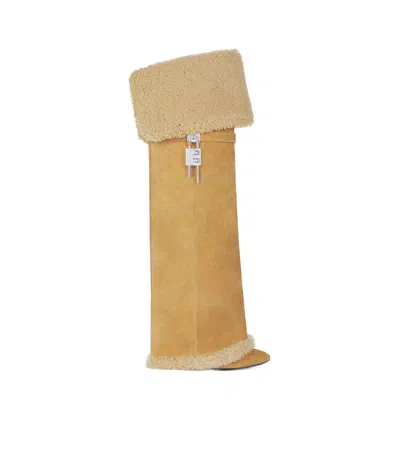 Givenchy Shark Lock Stiletto Boots In Suede And Shearling In Hazel