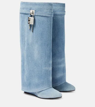 Givenchy Shark Lock Denim Boots In Blue