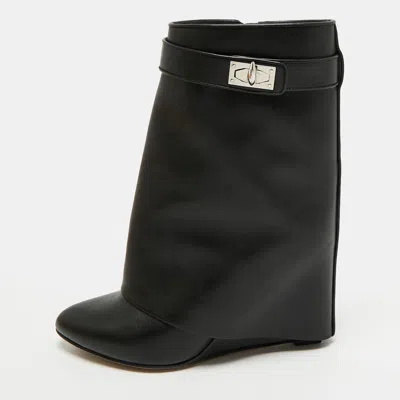 Pre-owned Givenchy Shark Size Black Leather Wedge Mid Calf Boots