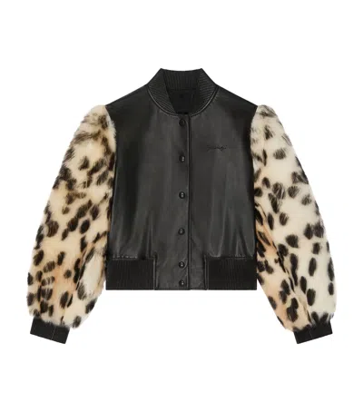 Givenchy Varsity Jacket In Leather And Leopard Print Fur In Black
