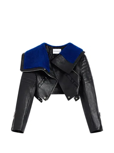 Givenchy Shearling-trim Cropped Biker Jacket In Black