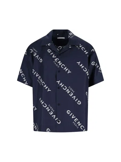 Givenchy Convertible-collar Logo-print Silk-twill Shirt In Blue