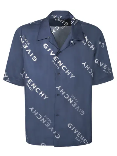 Givenchy Convertible-collar Logo-print Silk-twill Shirt In Blue