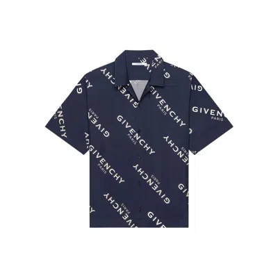 Givenchy Convertible-collar Logo-print Silk-twill Shirt In Blue