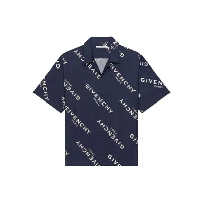 Givenchy Convertible-collar Logo-print Silk-twill Shirt In Blue