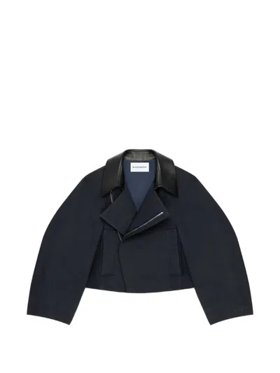 Givenchy Short Cotton And Wool Coat With Leather Collar In Blue
