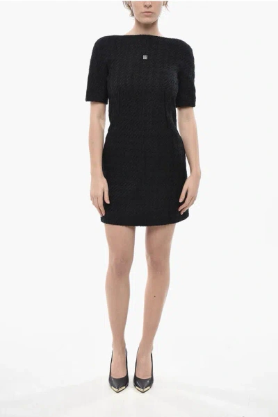 Givenchy Short-sleeve Tweed Sheath Dress With Front Logo In Black