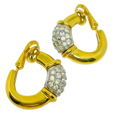 Pre-owned Givenchy Signed Vintage Gold Tone Crystals Designer Hoop Clip On Earrings In Multi