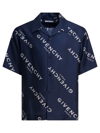 Givenchy Convertible-collar Logo-print Silk-twill Shirt In Blue