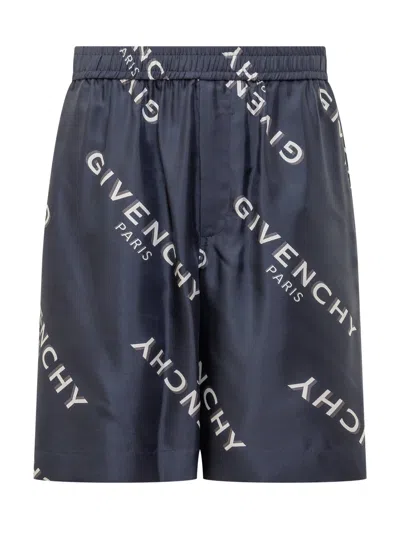 Givenchy Silk Logo Shorts In Blue