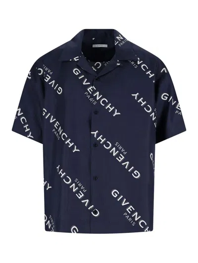 Givenchy Convertible-collar Logo-print Silk-twill Shirt In Blue