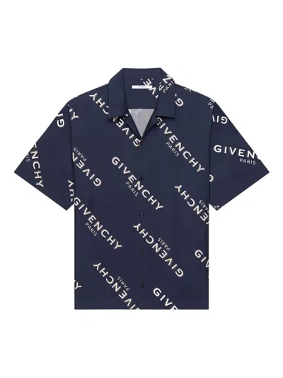 Givenchy Convertible-collar Logo-print Silk-twill Shirt In Blue