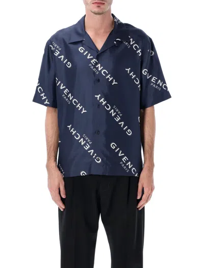 Givenchy Convertible-collar Logo-print Silk-twill Shirt In Blue
