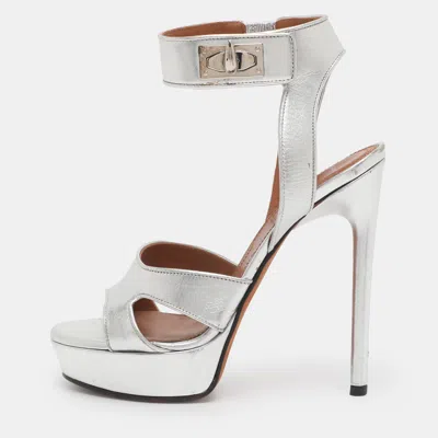 Pre-owned Givenchy Silver Leather Shark Lock Ankle Strap Sandals Size 36.5