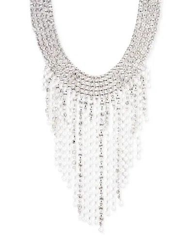 Givenchy Silver-tone Crystal & Imitation Pearl Fringe Statement Necklace, 14" + 3" Extender In White