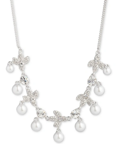 Givenchy Silver-tone Crystal & Imitation Pearl Statement Necklace, 16" + 3" Extender In White