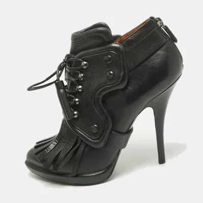 Pre-owned Givenchy Size 37 Black Leather Fringe Detail Booties