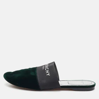 Pre-owned Givenchy Size 37 Dark Green/black Velvet And Stretch Band Logo Flat Mules
