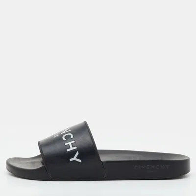 Pre-owned Givenchy Size 40 Black Rubber Logo Flat Slide Sandals