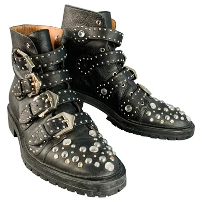 Pre-owned Givenchy Size 8 Black Studded Leather Belted Ankle Boots