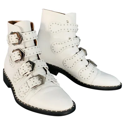Pre-owned Givenchy Size 9 White Studded Belted Ankle Boots