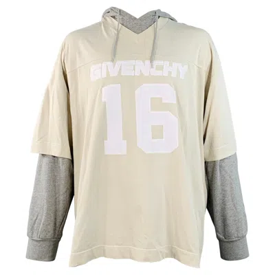 Pre-owned Givenchy Size L Cream Grey Jersey Double Layer Hooded Sweatshirt In White