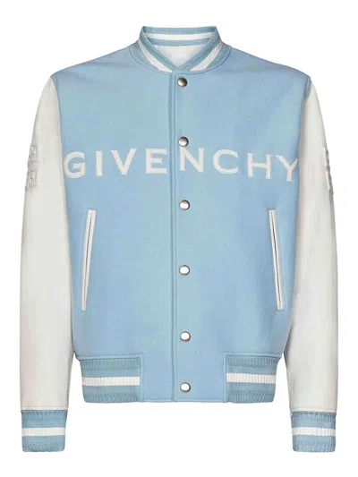 Givenchy Men's Plage Varsity Jacket In Wool And Leather In Sky Blue