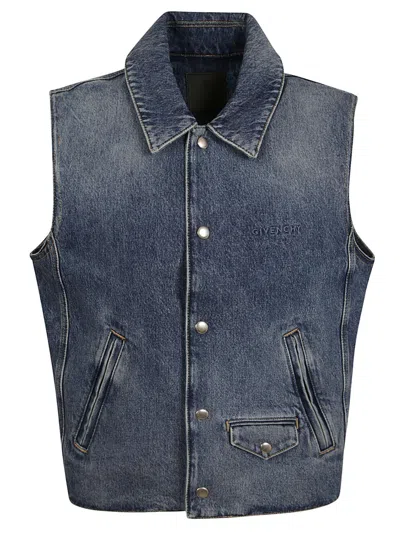 Givenchy Sleeveless Denim Jacket With Classic Collar In Blue