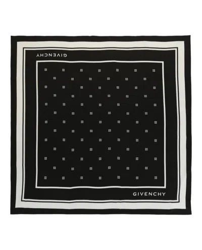 Givenchy Square Silk Scarf With Bold Logo And Striped Trim In Black