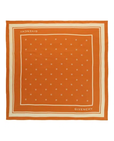 Givenchy Square Silk Scarf With Logo Print And Striped Trim In Orange