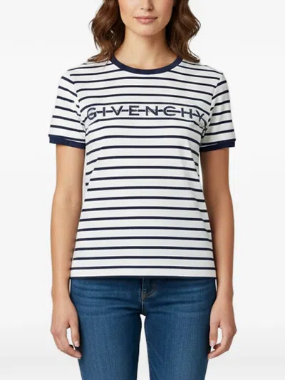 Pre-owned Givenchy Striped Embroidered Logo T-shirt In White