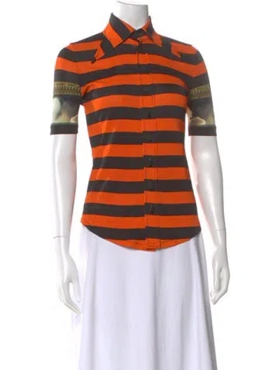 Pre-owned Givenchy Striped Short Sleeve Button-up Top In Orange