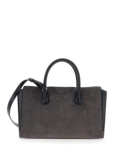 Givenchy Structured Mini Leather Handbag With Embossed Logo And Zip Closure In Grey
