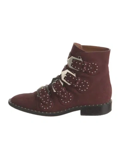 Pre-owned Givenchy Suede Studded Accents Combat Boots In Burgundy