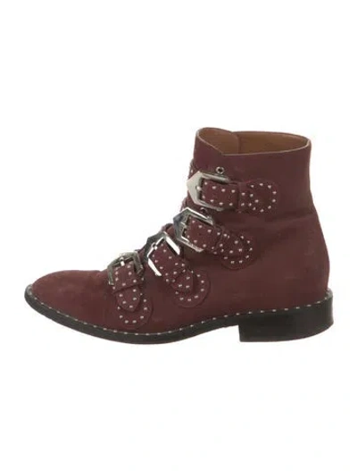 Pre-owned Givenchy Suede Studded Accents Combat Boots In Burgundy