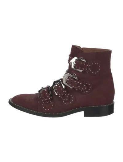 Pre-owned Givenchy Suede Studded Accents Combat Boots In Burgundy