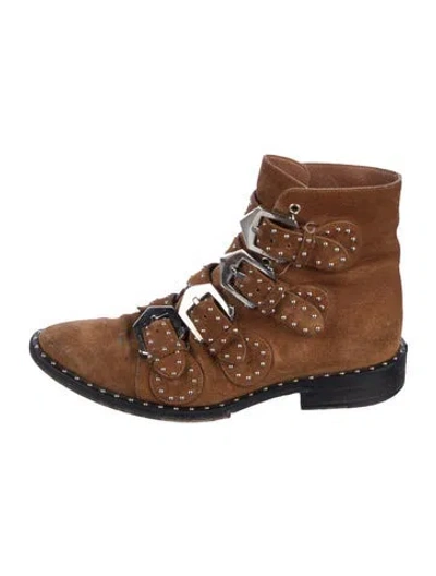 Pre-owned Givenchy Suede Studded Accents Lace-up Boots In Brown