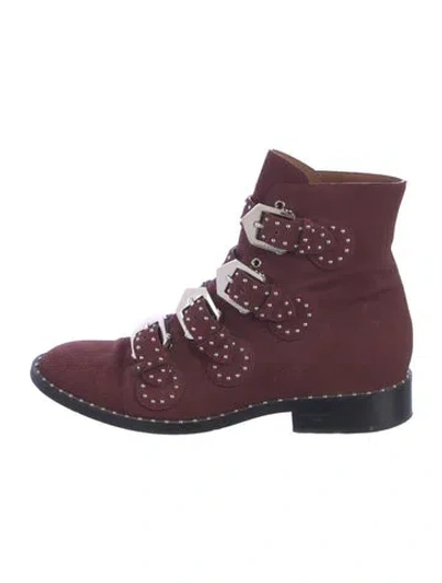 Pre-owned Givenchy Suede Studded Accents Moto Boots In Burgundy