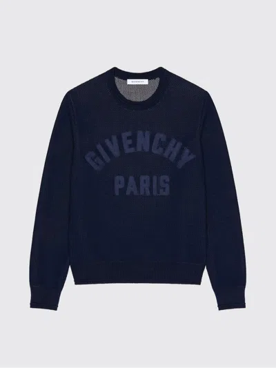Givenchy Men Blue Crew Neck Sweater With Logo Lettering On The Front In Blue Cotton Knit Man In Multi