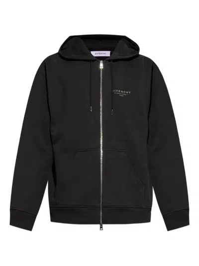 Givenchy Logo Stamp Zip-up Hooded Sweatshirt In Black