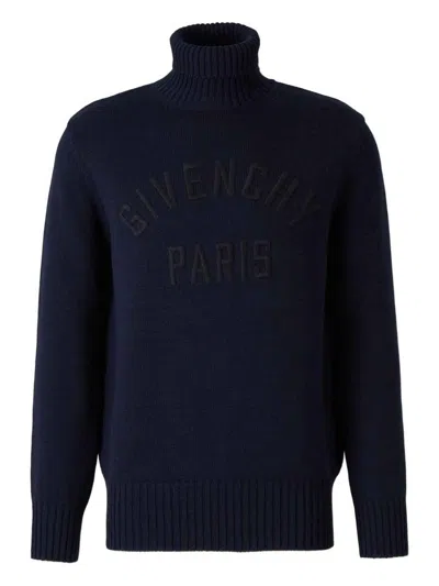 Givenchy Turtleneck Sweater In Cotton With Paris Embroidery Clothing In Blue