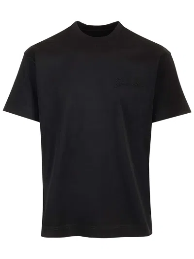 Givenchy Black Crewneck T-shirt With Embossed Logo On Front In Cotton Man