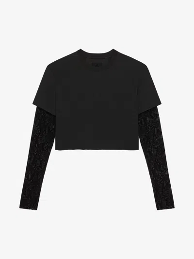 Givenchy Overlapped Cropped T-shirt In Cotton And Python Tulle In Black