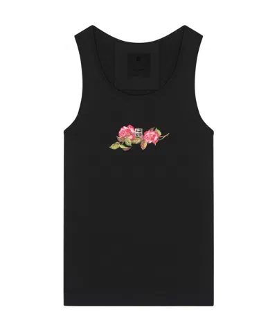 Givenchy Tank Top In Cotton With 4g Detail And Roses Print In Black