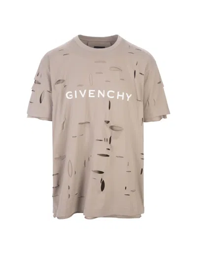 GIVENCHY TAUPE DESTROYED T-SHIRT WITH LOGO