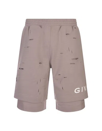 Givenchy Taupe Destroyed Track Bermuda Shorts With Logo In Brown