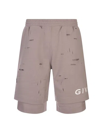 GIVENCHY TAUPE DESTROYED TRACK BERMUDA SHORTS WITH LOGO 